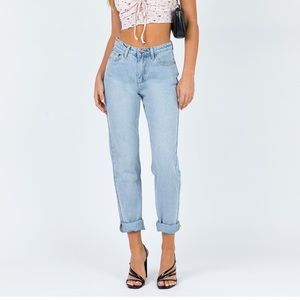 afends blondies stone blue high waist slim jeans